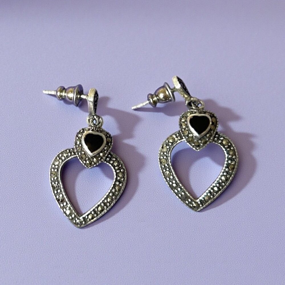 Boma vintage signed sterling & marcasite heart earrings